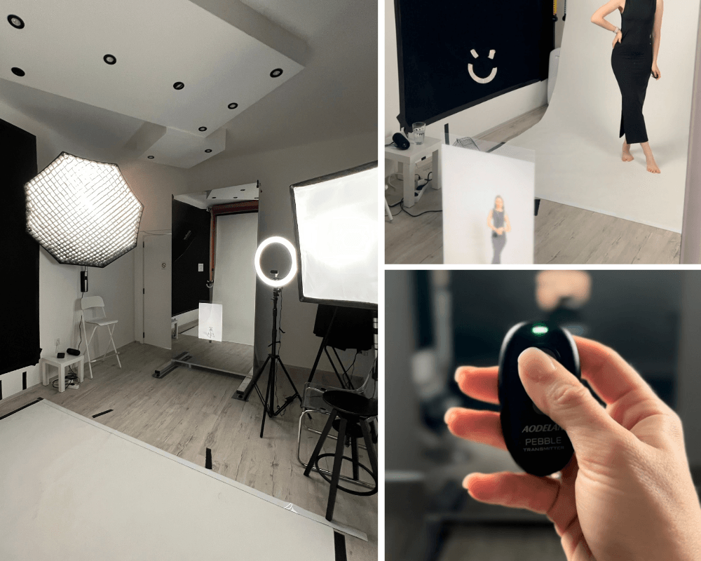 Studio iznutra: svetla i bela pozadina, gošća pozira, daljinski okidač u ruci