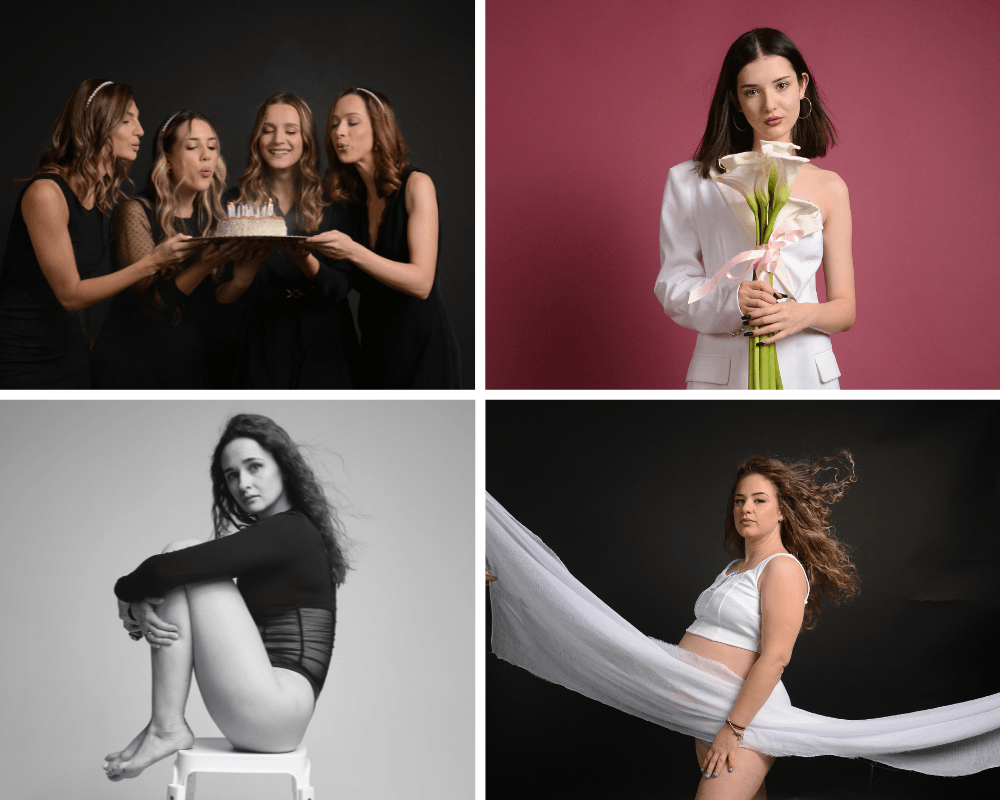 Primeri fotografija iz studija: drugarice sa tortom, portret sa cvećem, crno-beli portret i trudnička fotografija